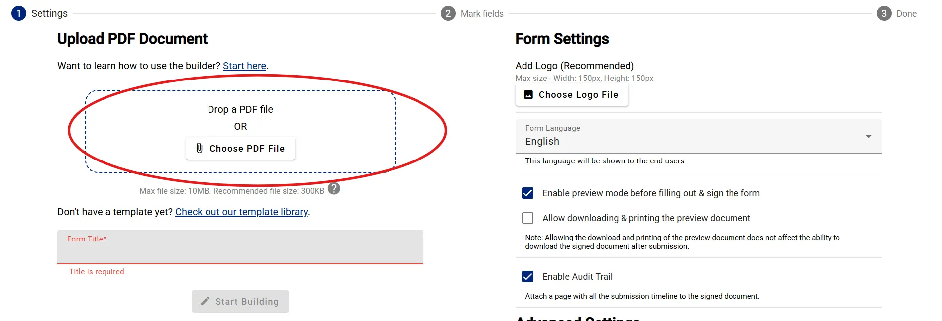 Uploading a PDF document in the form builder