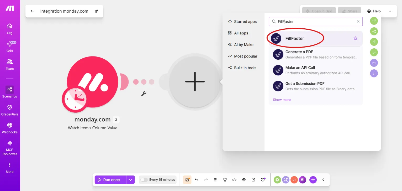 Choosing the FillFaster app in a Make.com scenario