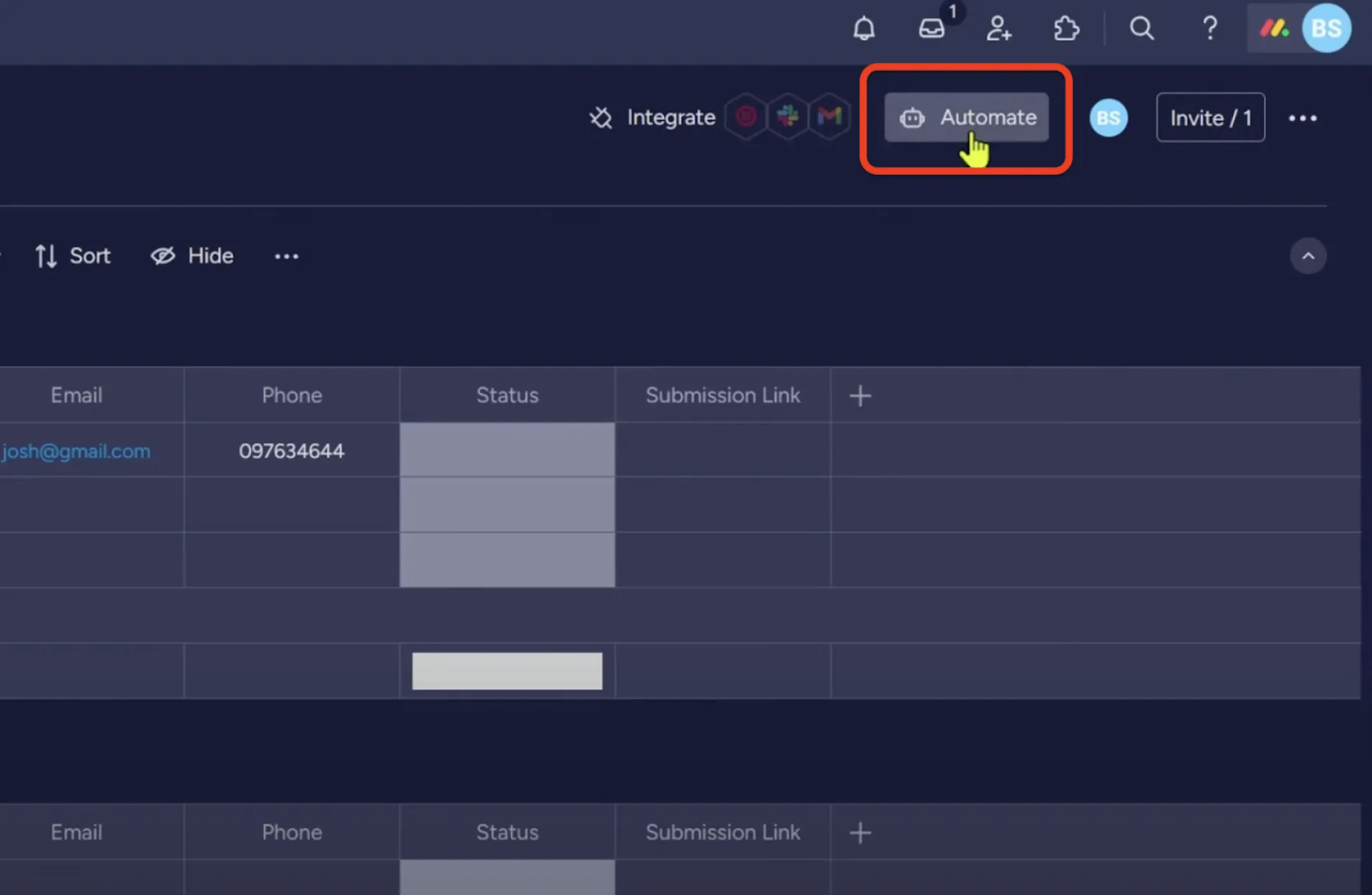 The 'Automate' button on the monday.com dashboard