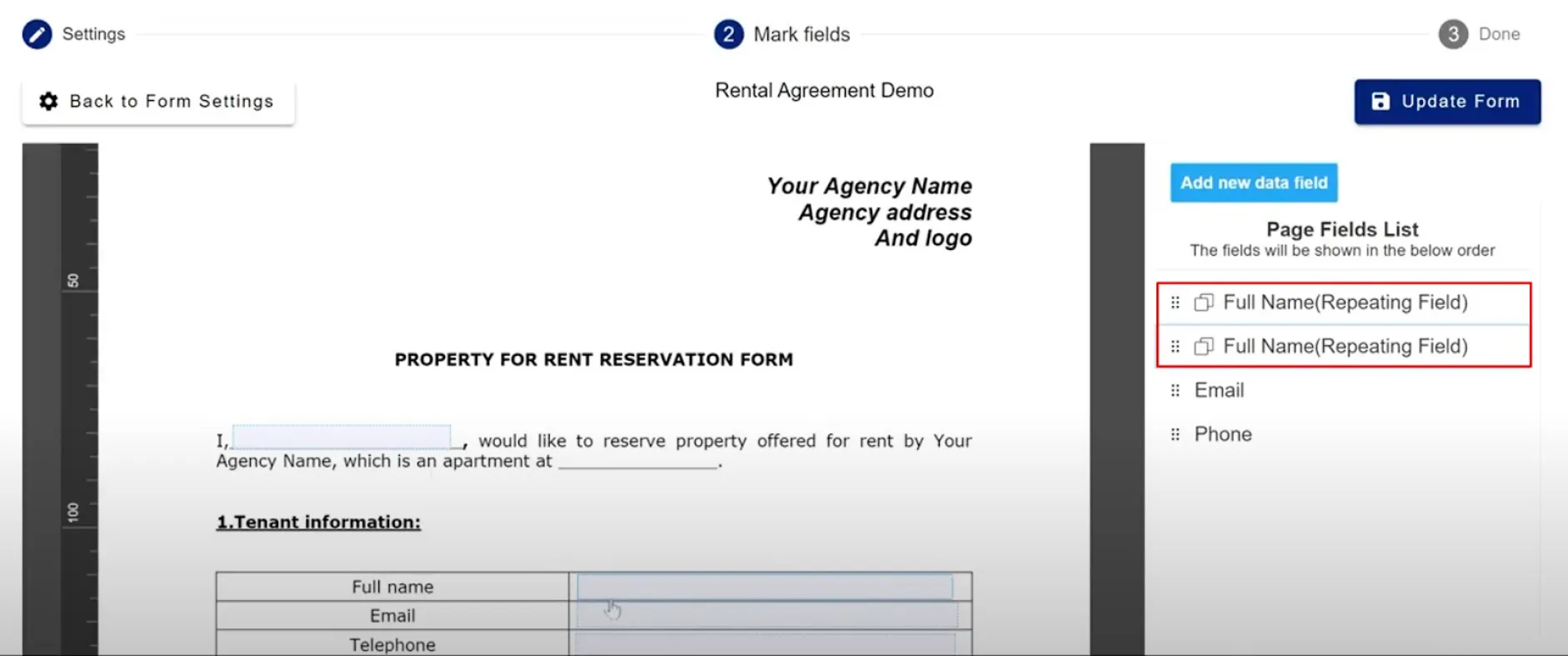 How a duplicated field appears as '(Repeating Field Name)' to the recipient
