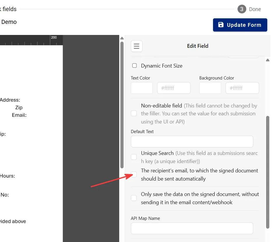 Marking recipient email for sending the signed document