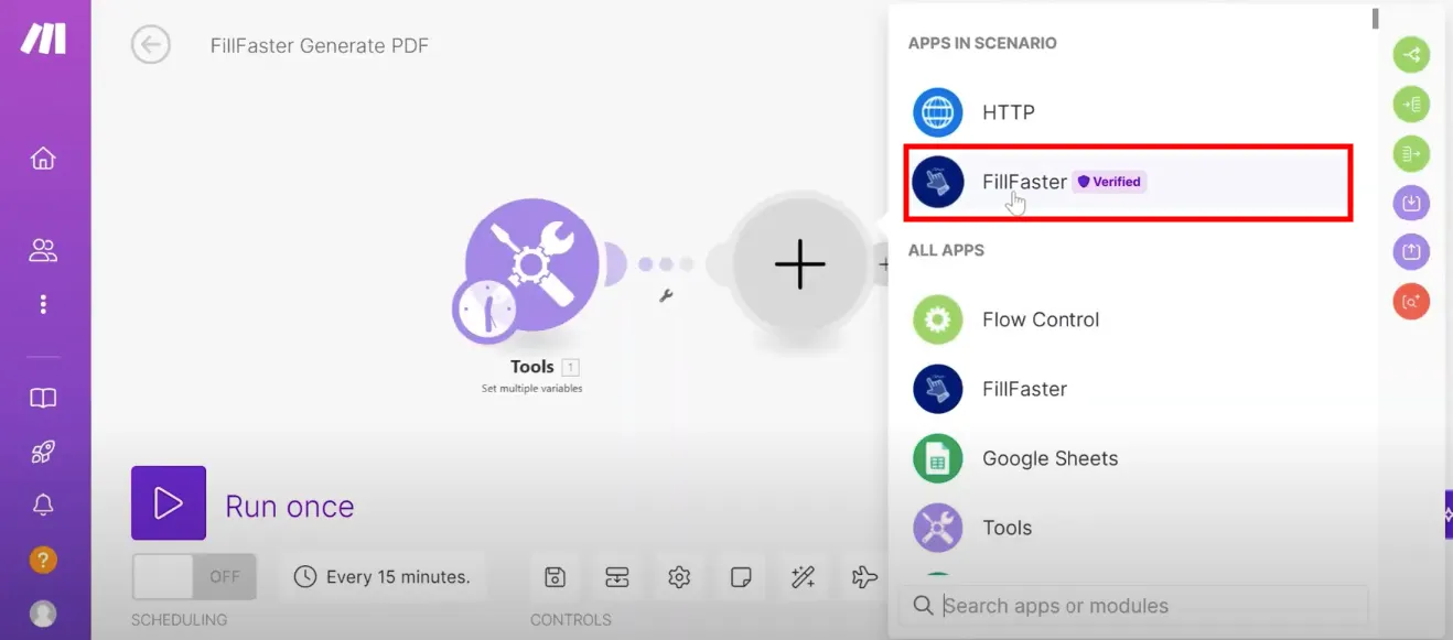 Choosing the FillFaster app in a Make.com scenario