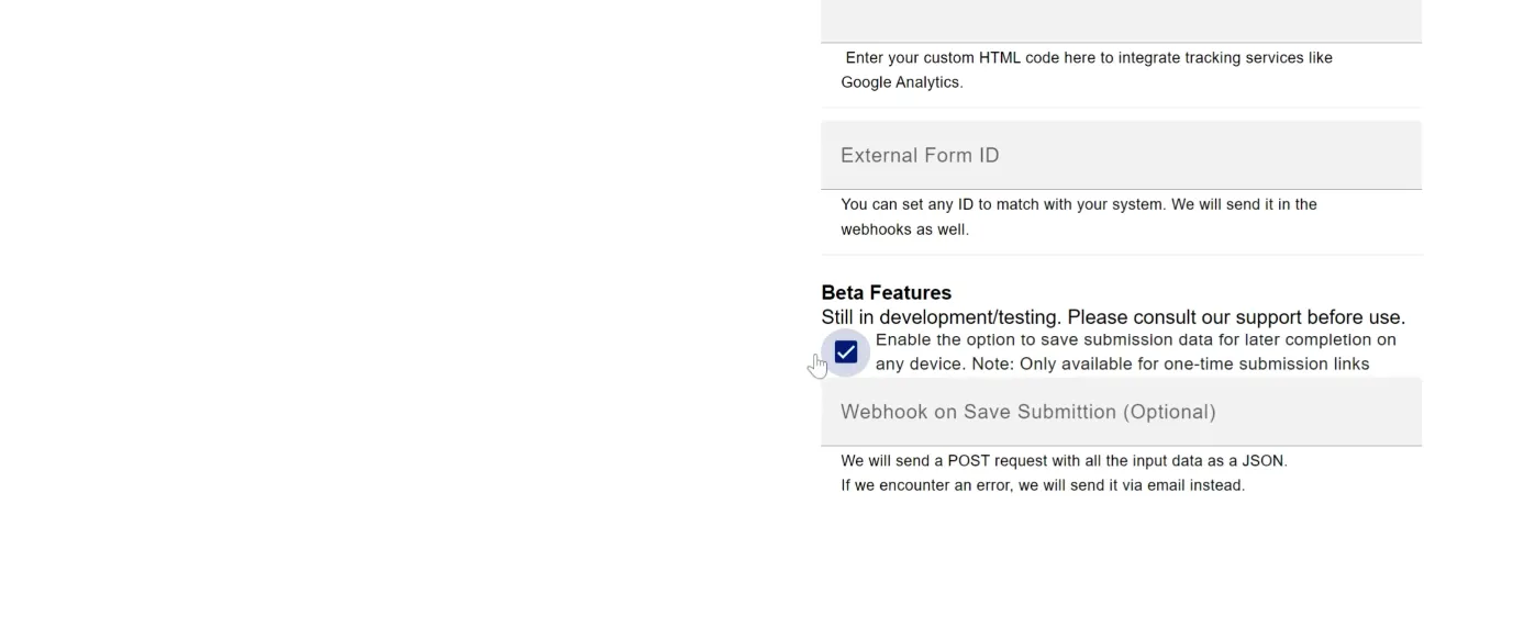 Enabling the 'Save Submission for Later Completion' beta feature