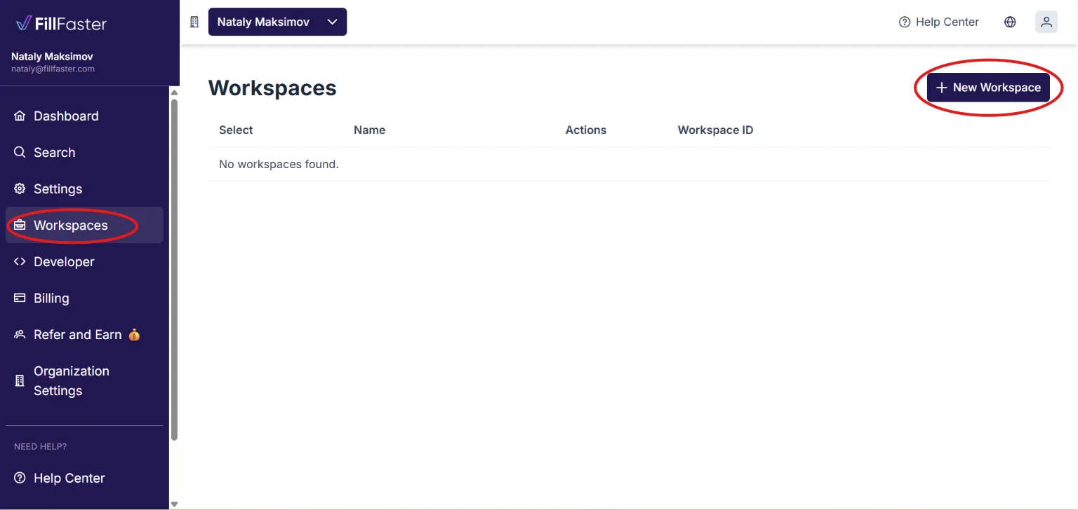 Creating a new workspace in FillFaster