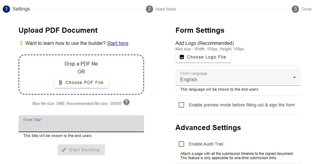 Uploading a PDF document in the form builder