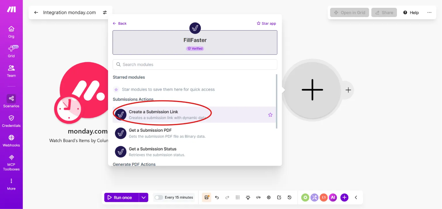 Selecting the "Create a submission link" module