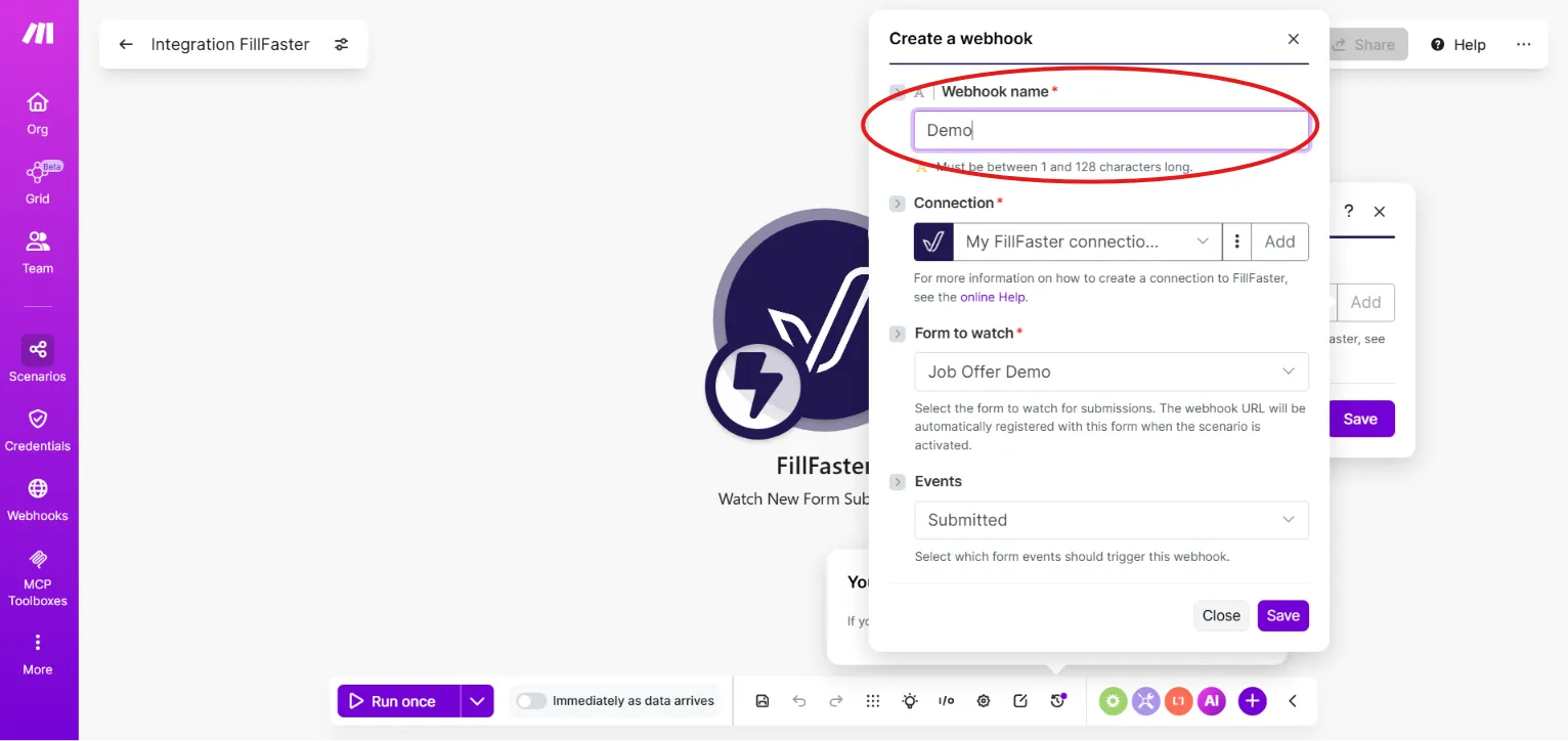 Adding a new webhook in Make.com