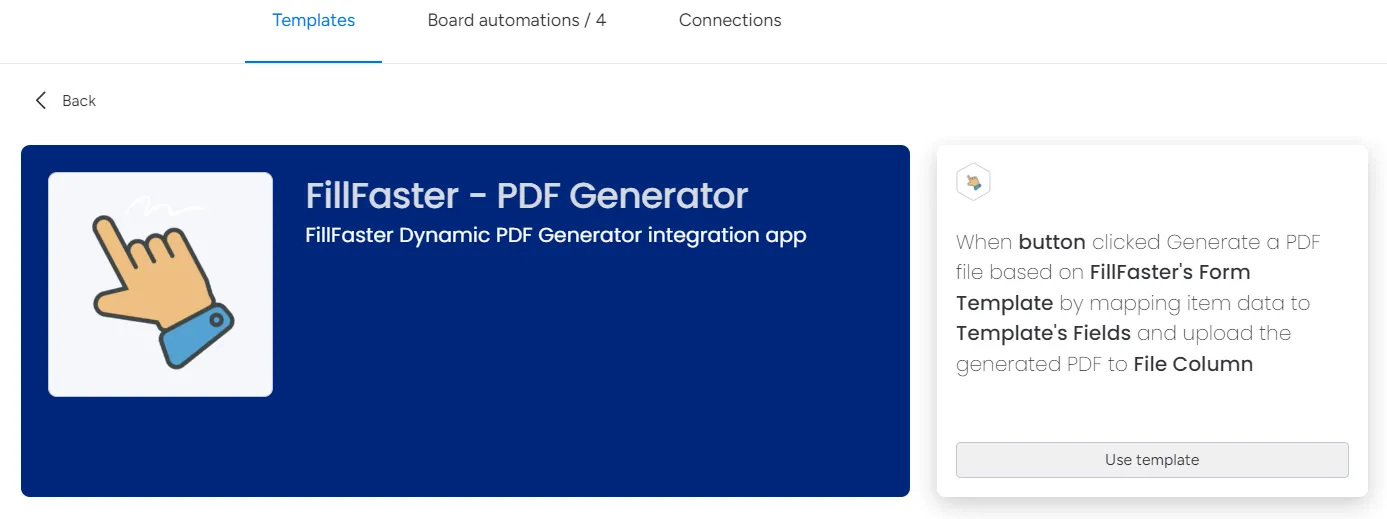 Selecting the 'Generate PDF' template recipe from FillFaster