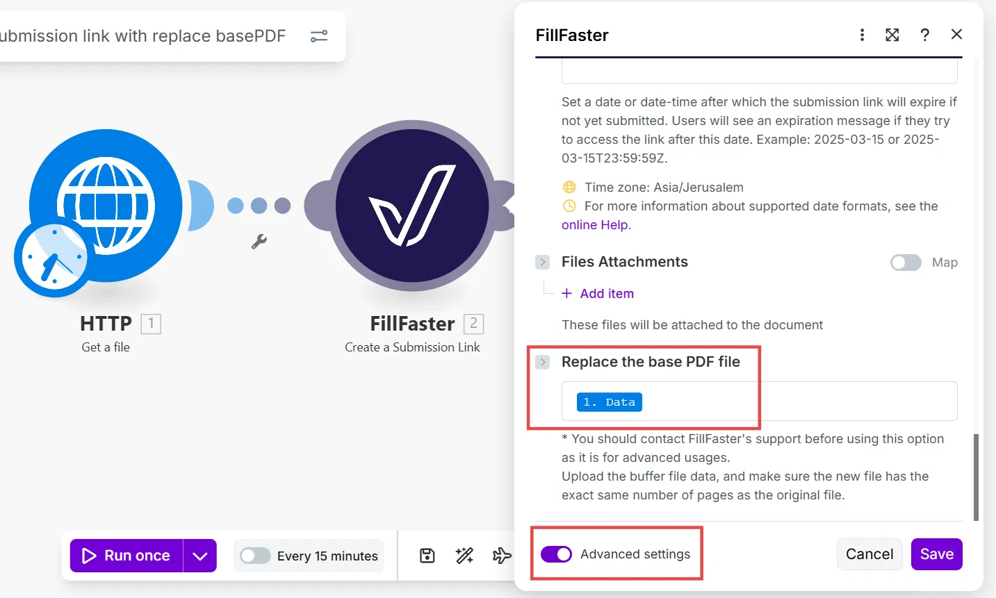 Replace the base PDF file field in Make.com advanced settings