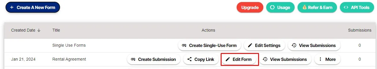 Optional form settings for logo, language, and other features