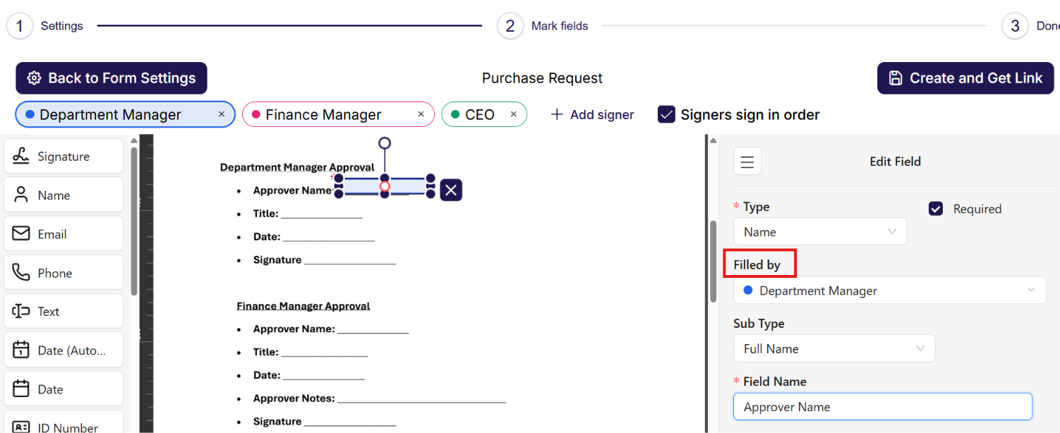 A selected field on the document, with Filled by in the field settings