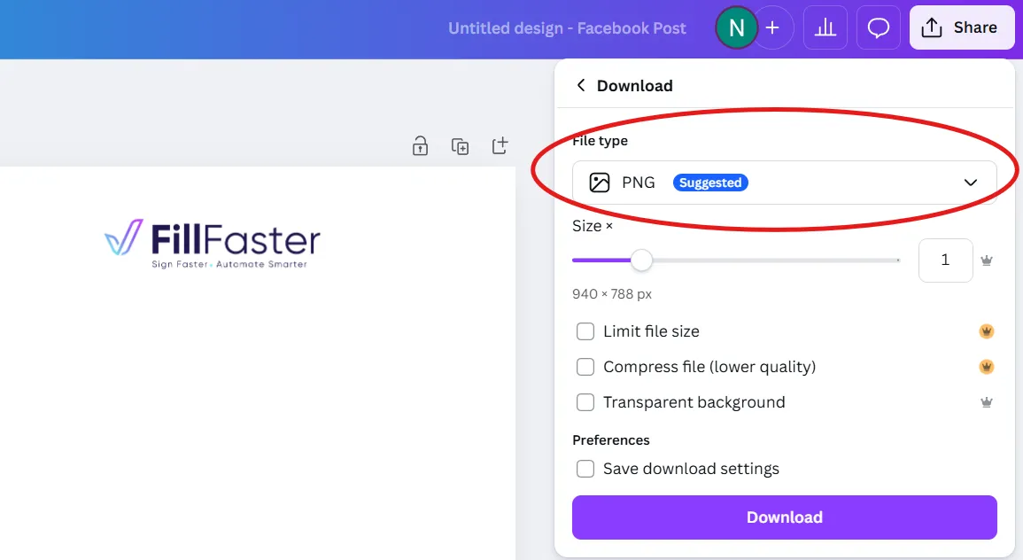 PDF file type options in Canva
