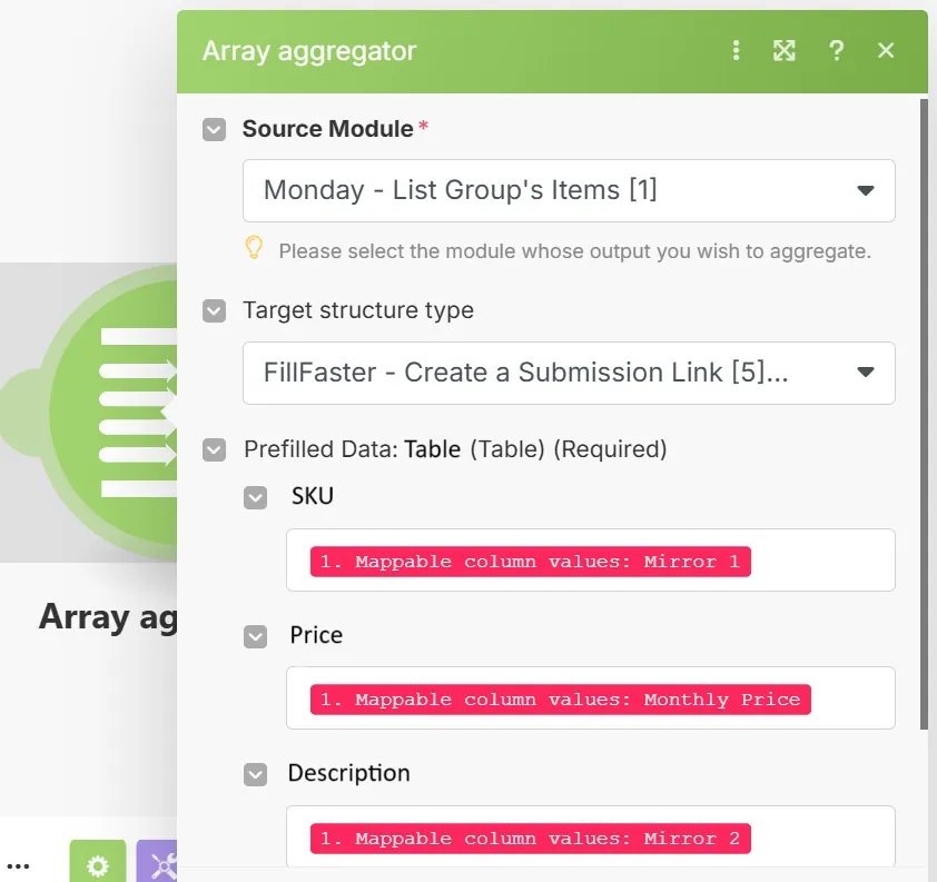 Configuring the Array Aggregator in Make.com with source and target structure