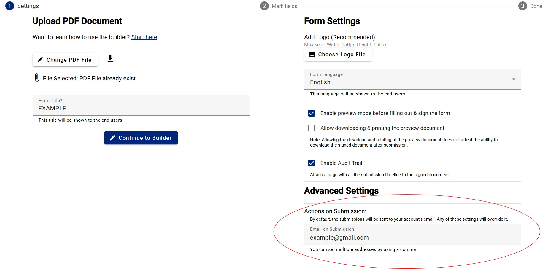 Entering custom email address