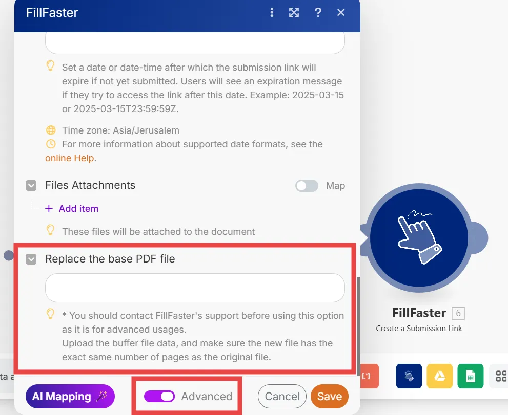 Uploading a dynamic PDF in the Make.com advanced settings