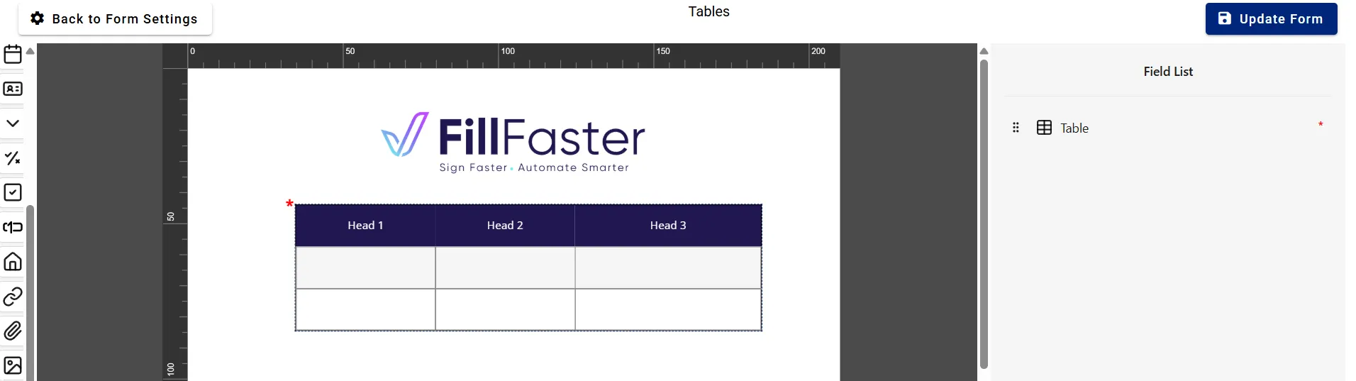 Dragging the table component to the document