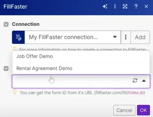 Selecting a form template in the Generate a PDF module