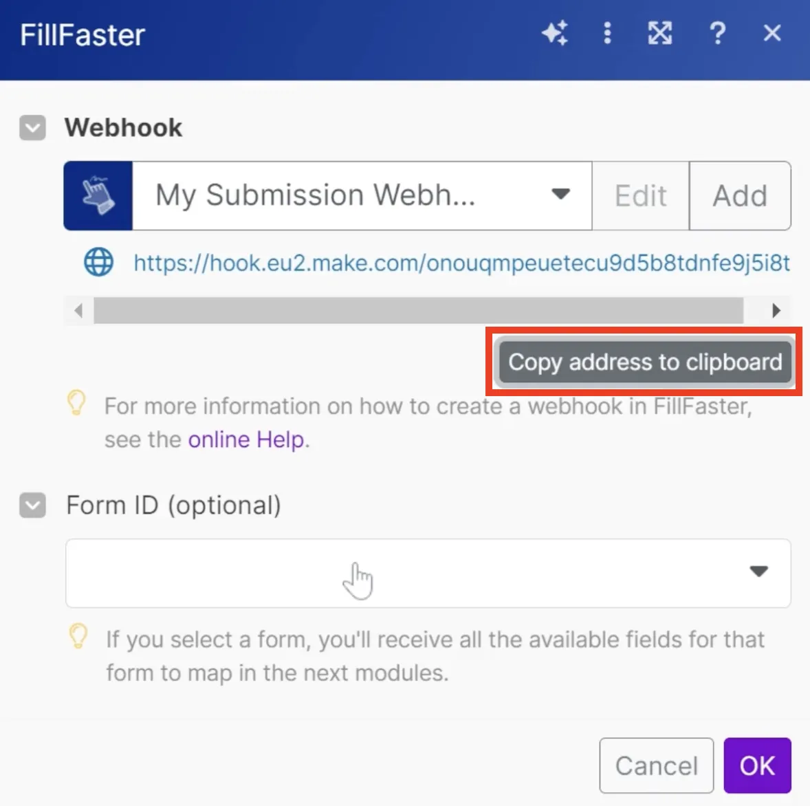 Copying the webhook URL from Make.com