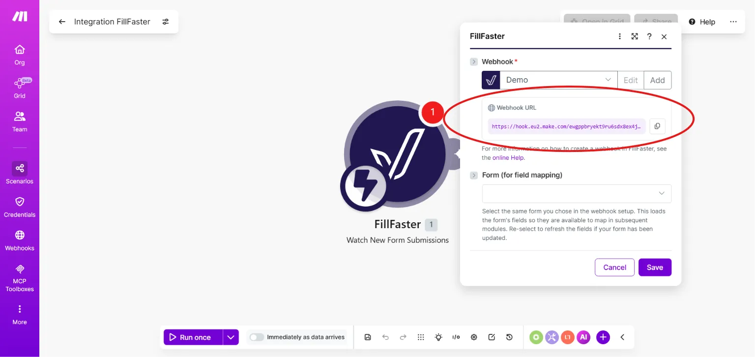 Copying the webhook URL from Make.com