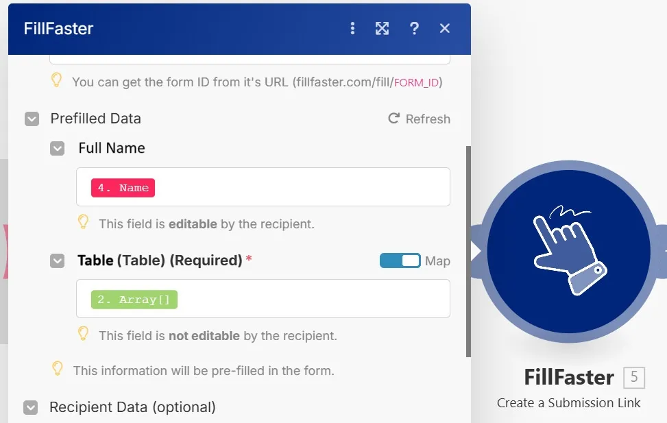 Mapping the array from the aggregator to the FillFaster table field