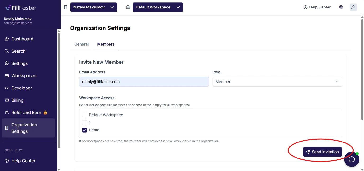 Inviting a member and assigning workspace access