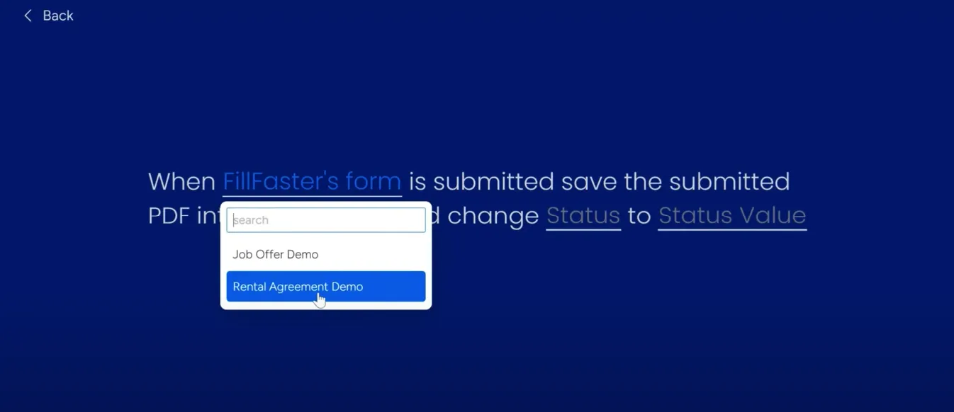 Choosing the 'Rental Agreement demo' form for the automation