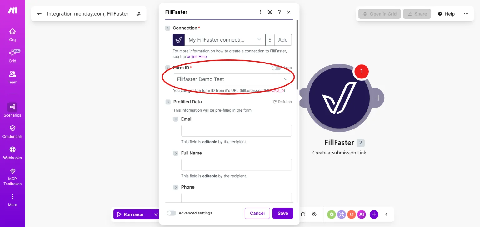 Choosing a form template from the list