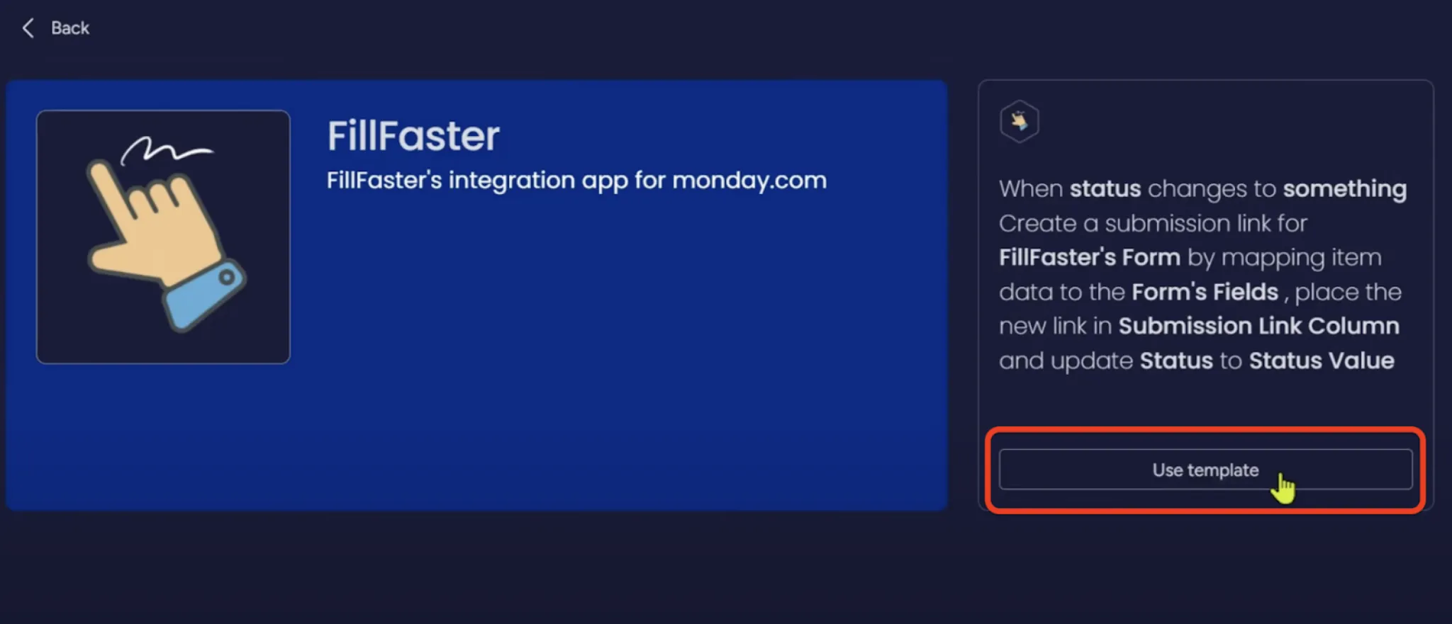 Clicking 'Use template' on a FillFaster automation recipe