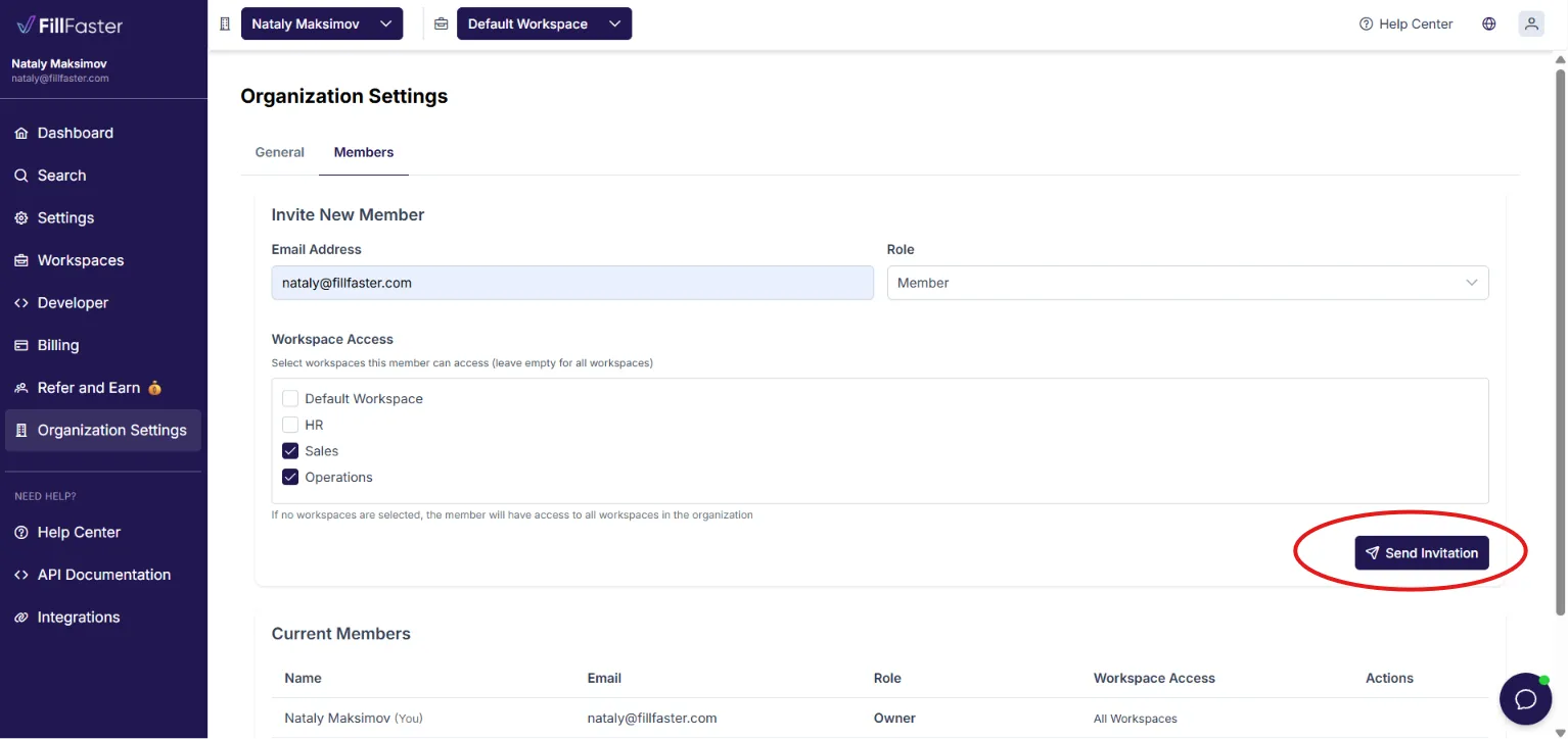 Inviting a member and assigning workspace access