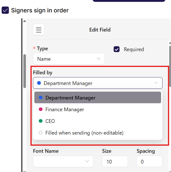 The Filled by options: the signers and Filled when sending