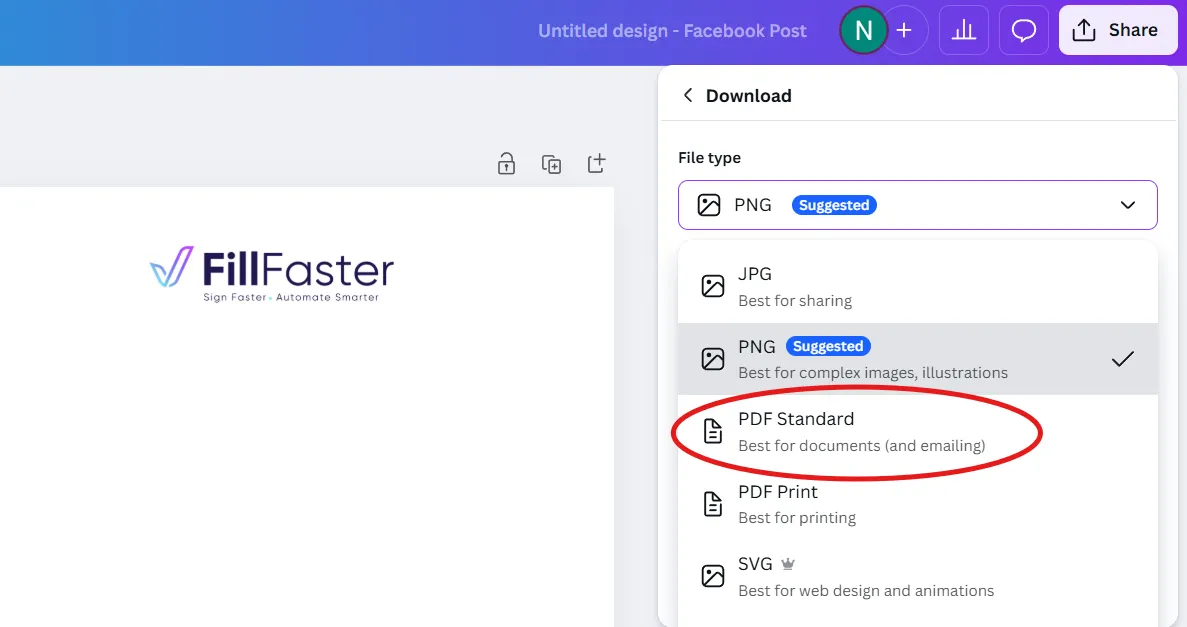 Select PDF Standard option