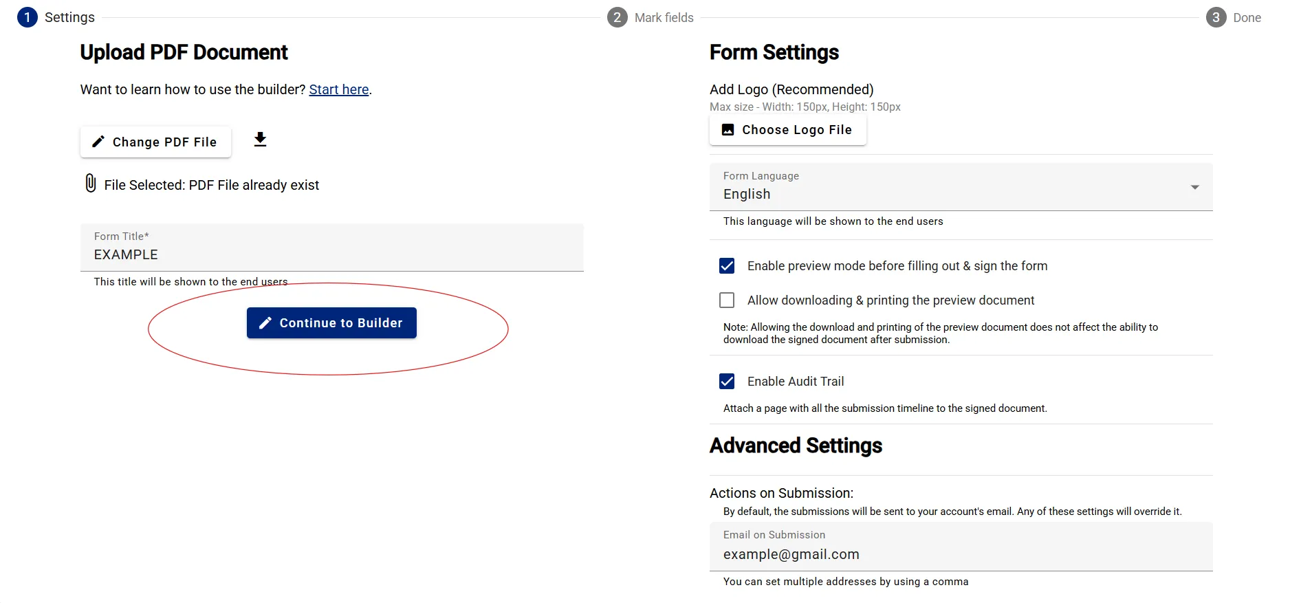 Continuing the form creation process