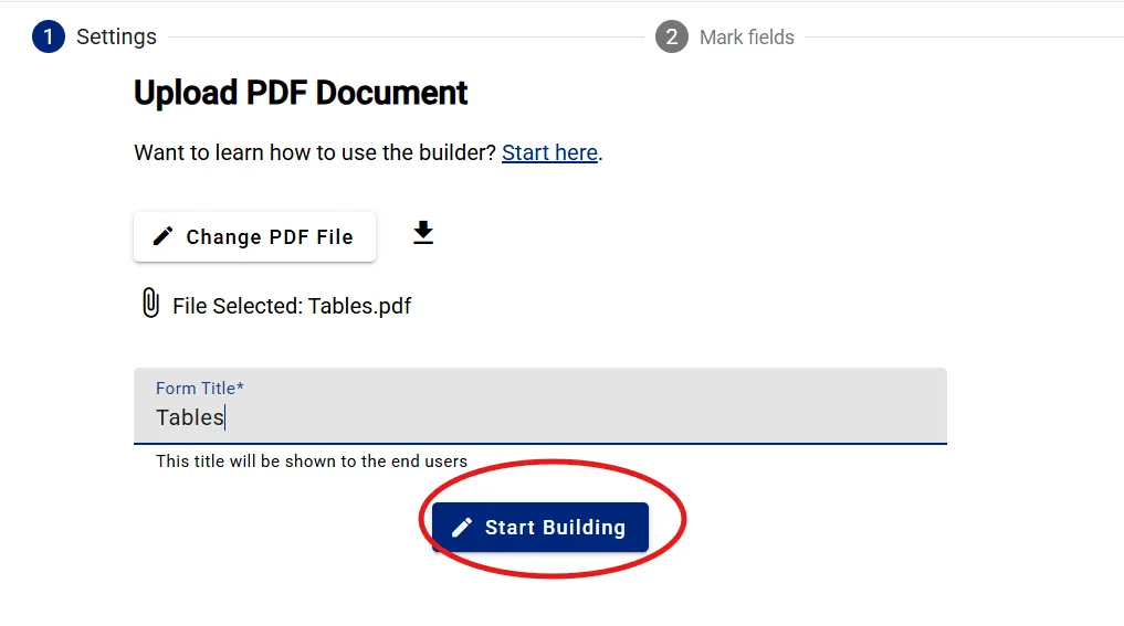The 'Start Building' button to open the drag-and-drop builder
