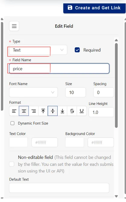 Field edit window with type and data settings