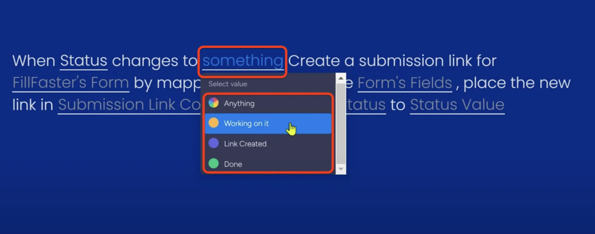 Choosing the specific status value 'Create a submission'