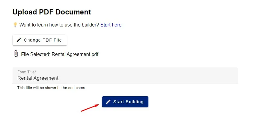The 'Start Building' button to open the drag-and-drop builder