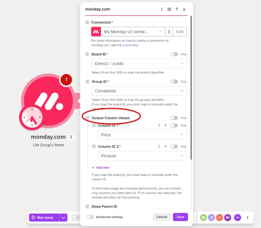 Configuring the monday.com module with output column selection