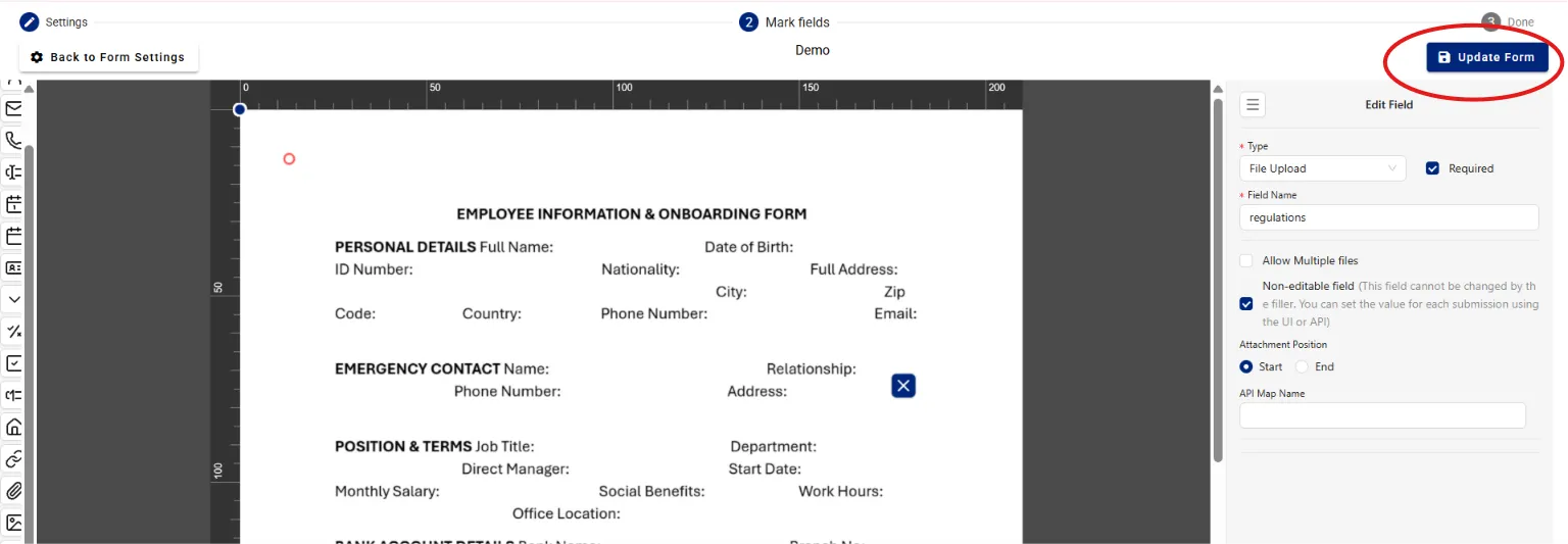 Save and update the form in the builder