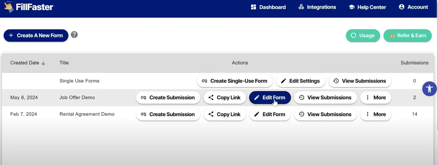Editing a form from the FillFaster dashboard