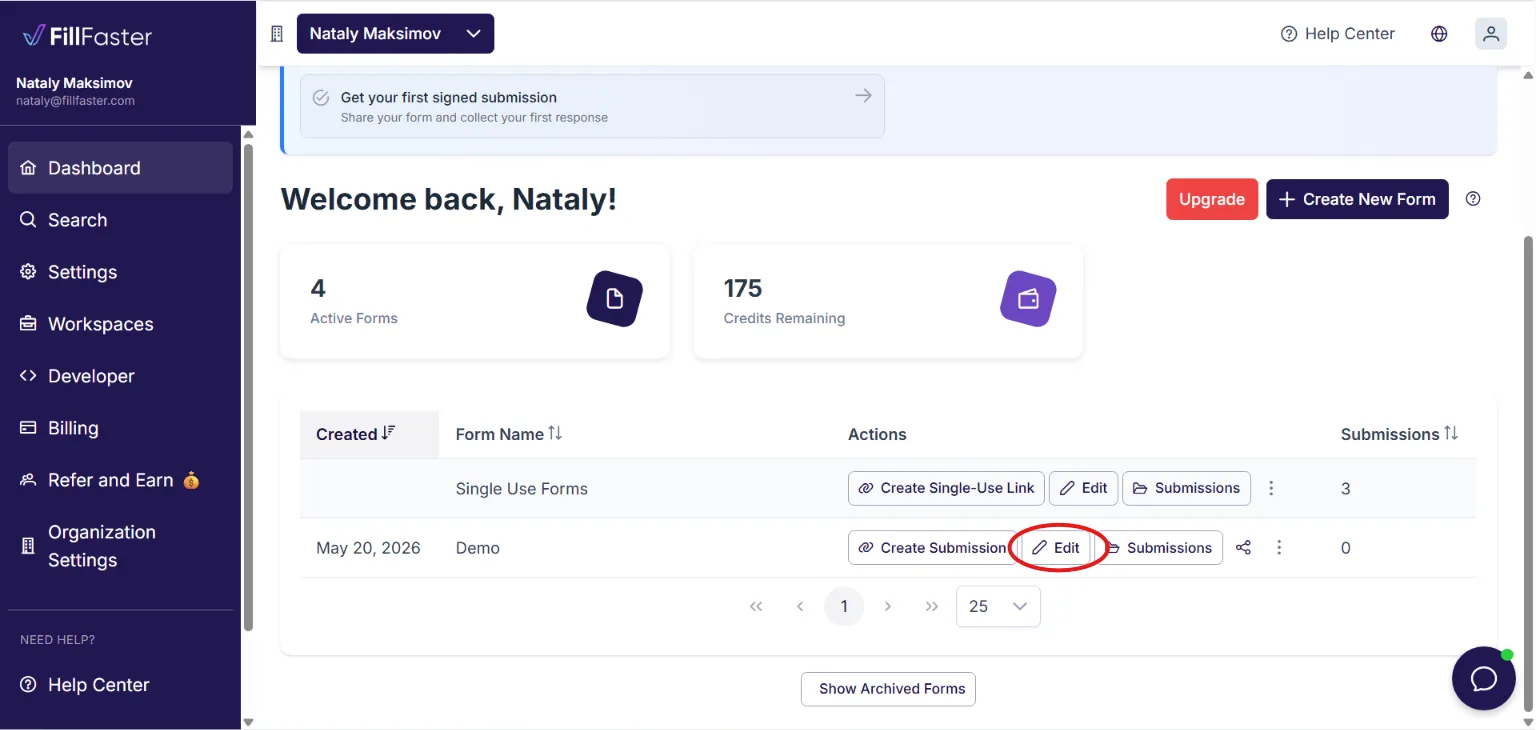 Editing a form from the FillFaster dashboard