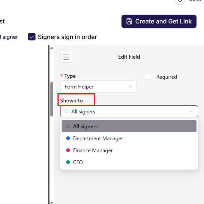 Shown to on a form helper field, with All signers and the signers