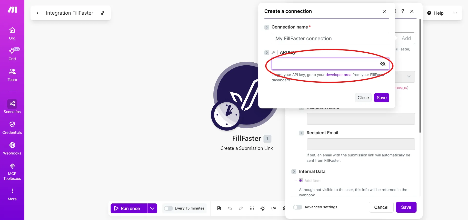 Navigating to the developer page in FillFaster