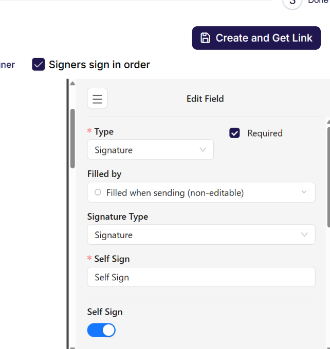 A signature field with Filled when sending and the Self Sign switch on