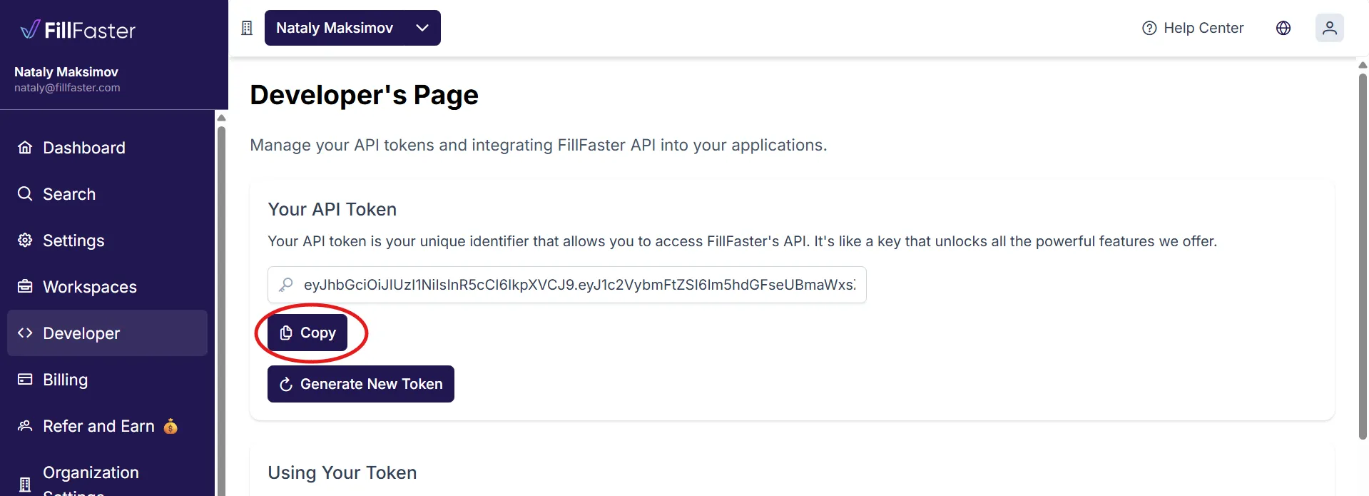 Generating a new API token in FillFaster