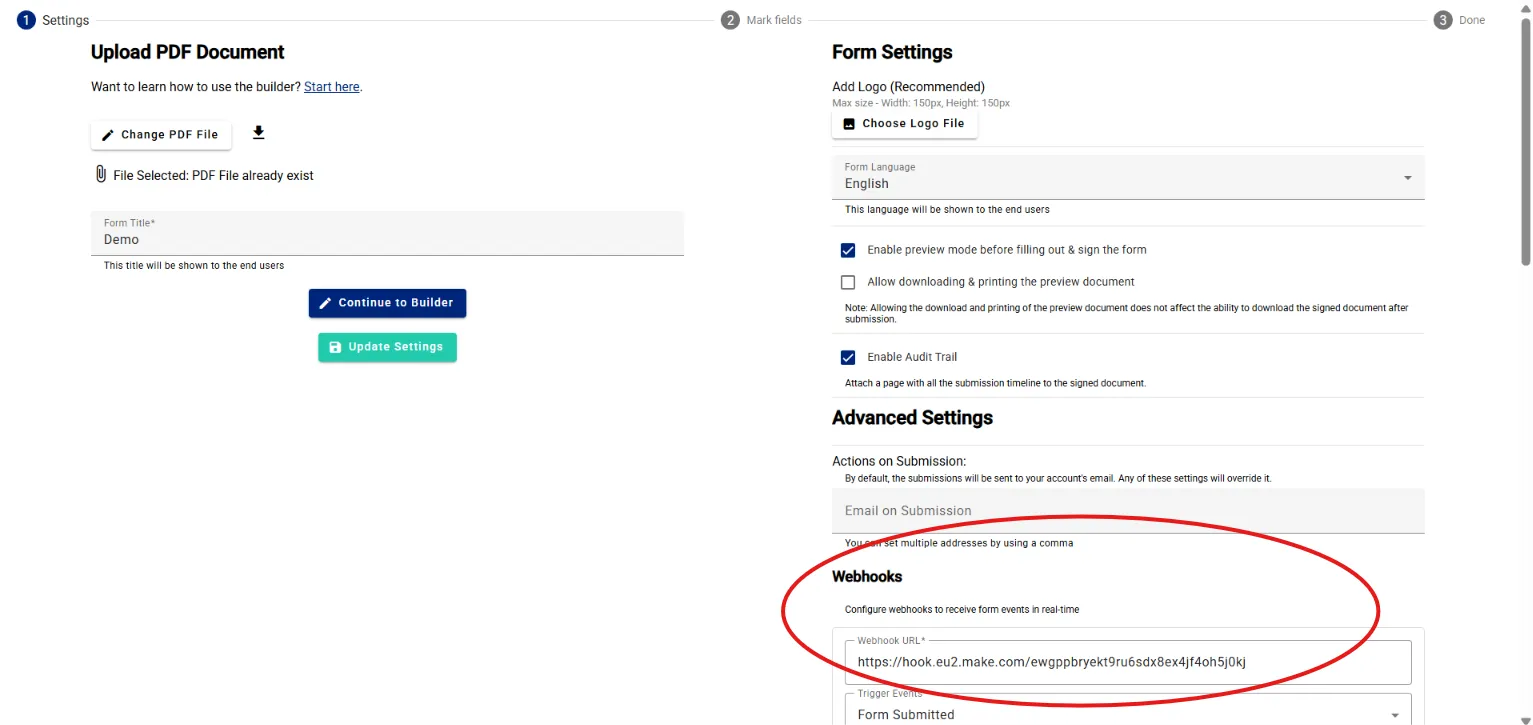 Pasting the webhook URL in the form builder settings