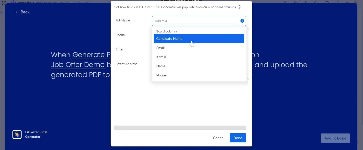 Mapping monday.com item data to the FillFaster PDF template fields