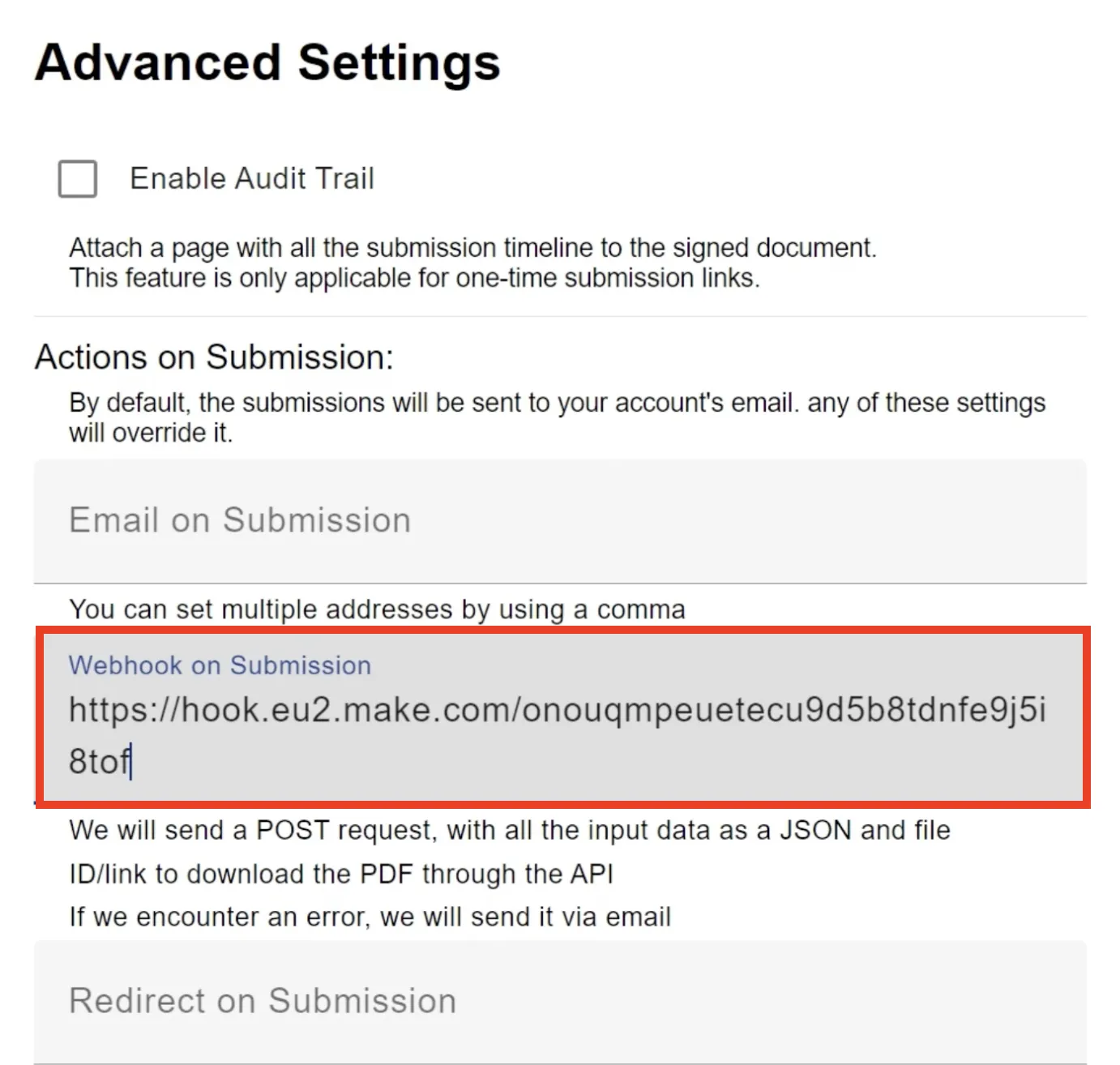 Pasting the webhook URL in the form builder settings