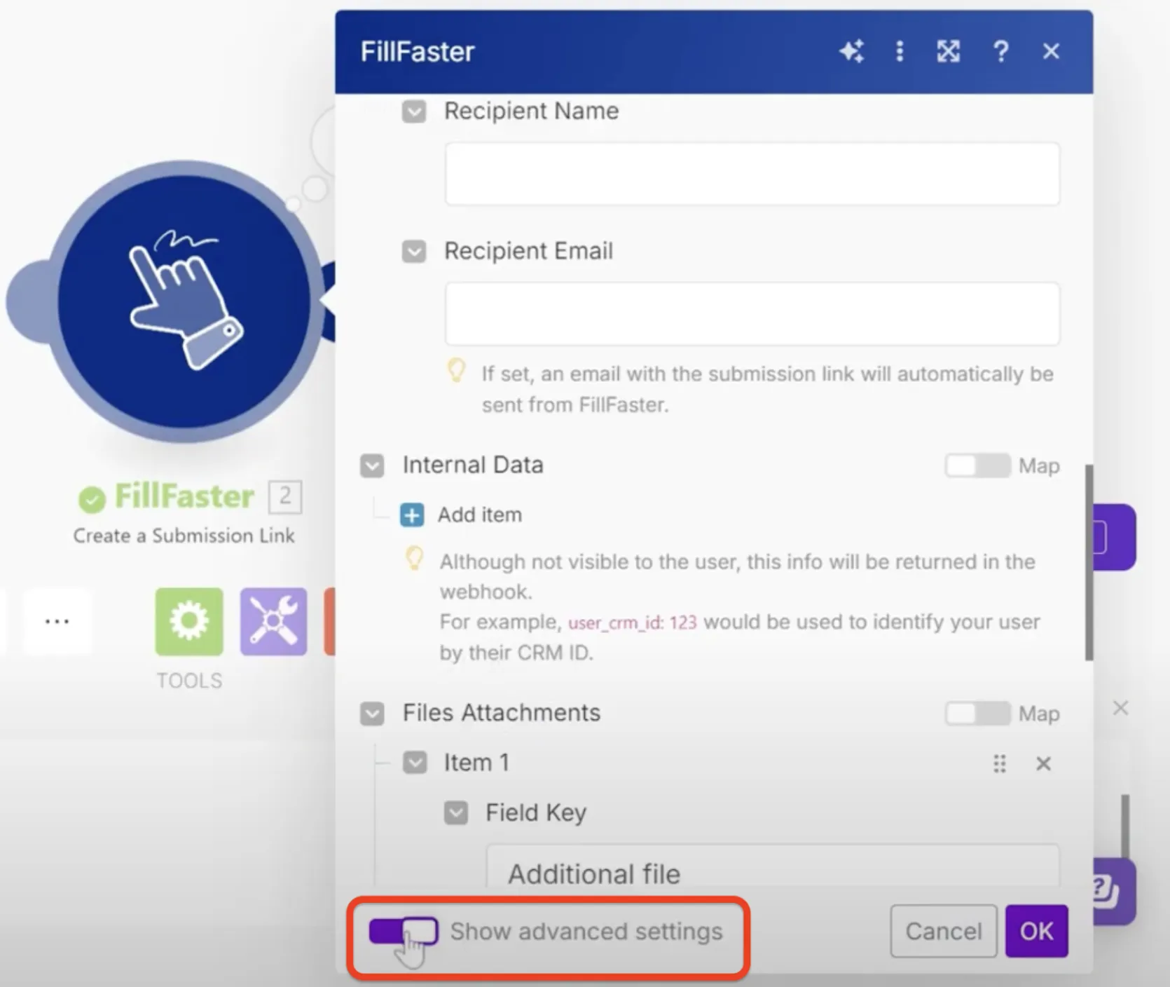 Toggle on advanced settings in Make.com