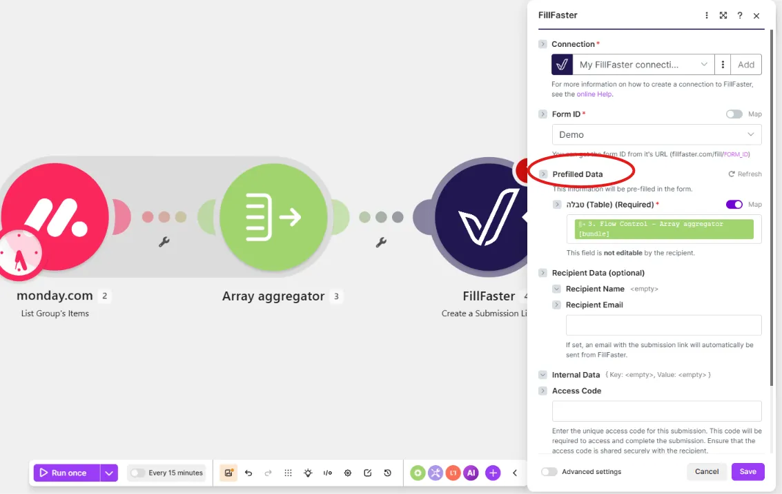 Mapping the array from the aggregator to the FillFaster table field