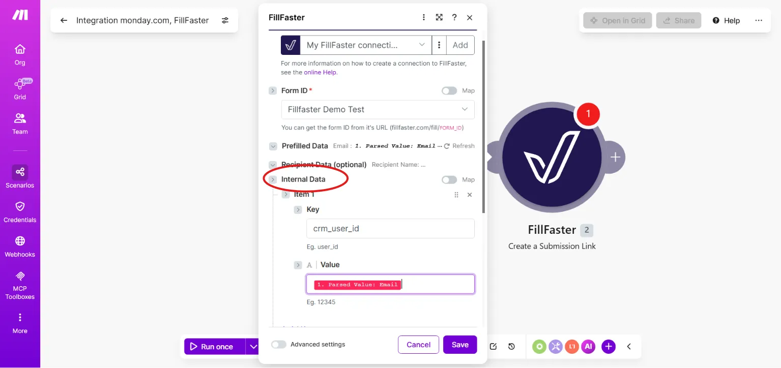 Example of adding a CRM user ID as internal data